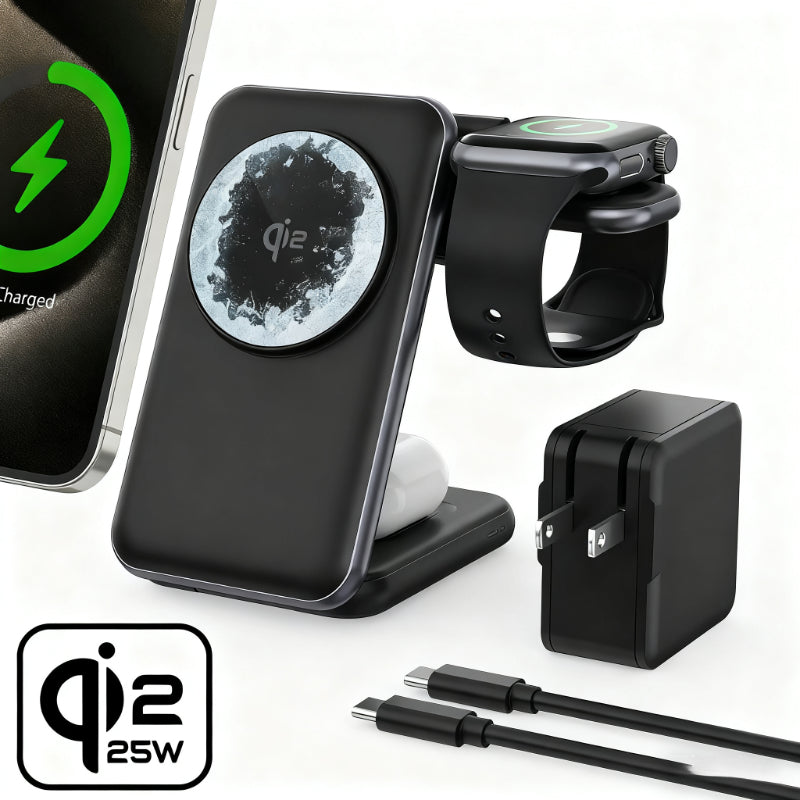 3-in-1 Foldable 25W Wireless Charger For Smartwatches Phones, And Headphones