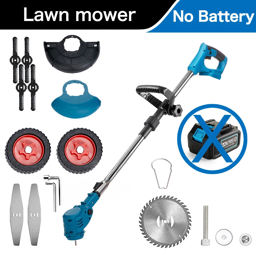Folding Lithium Mower Electric Lawn Mower accessories including blades, wheels, and handles without battery.