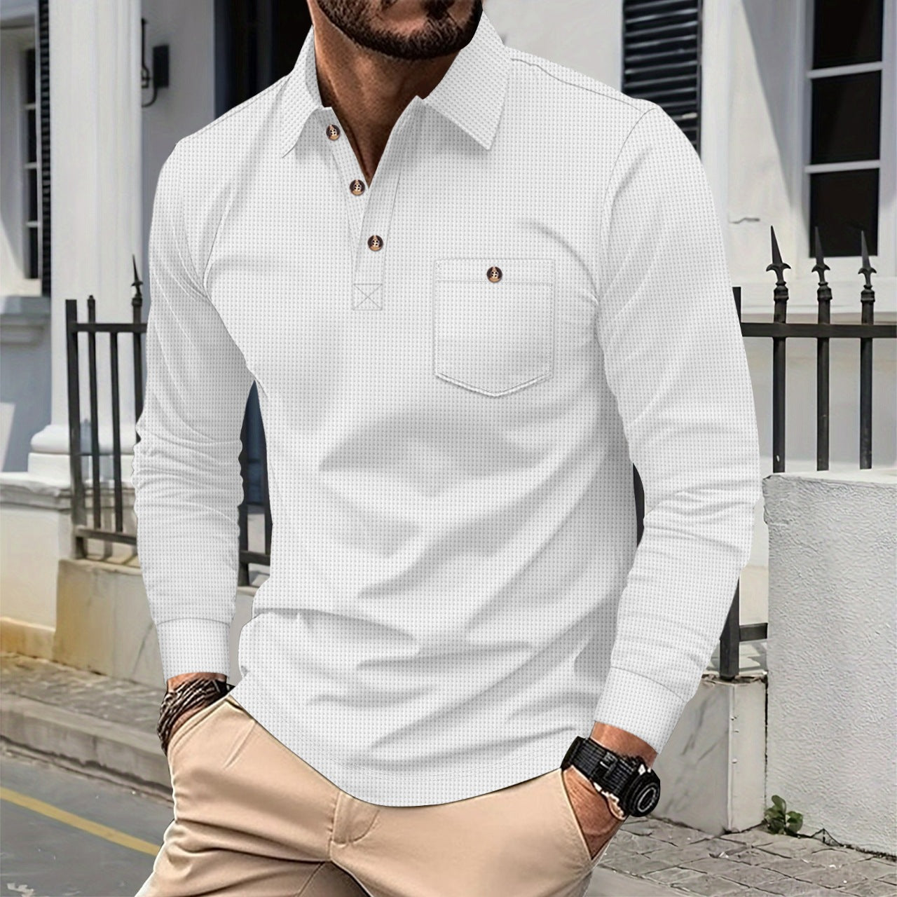 Solid-color Waffle-knit Lapel-pocket Button-down Casual Long-sleeve Shirt