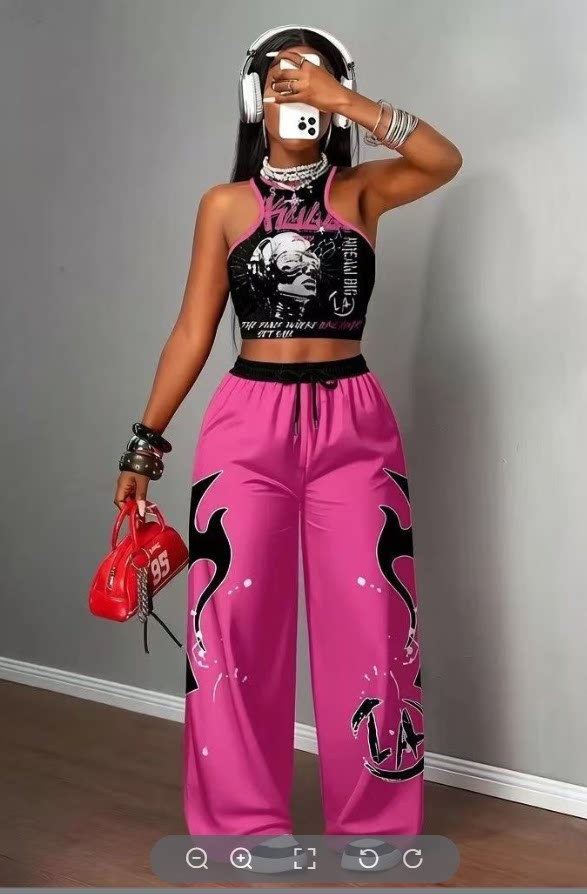 Printed Tank Top Casual Wide-leg Pants Set