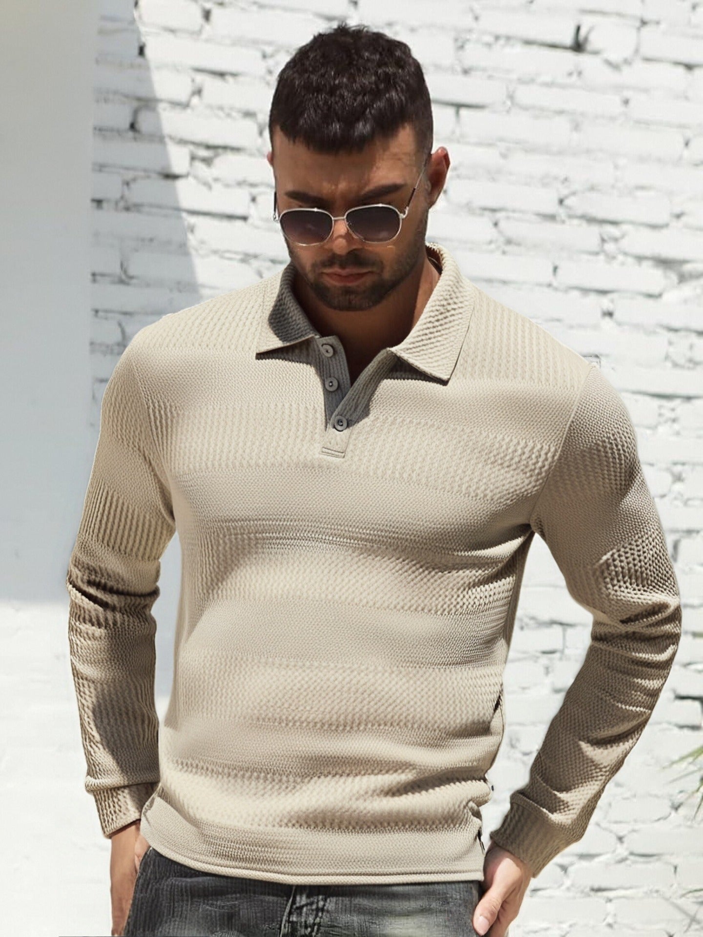 Long-sleeve Buttoned Textured Lapel Top