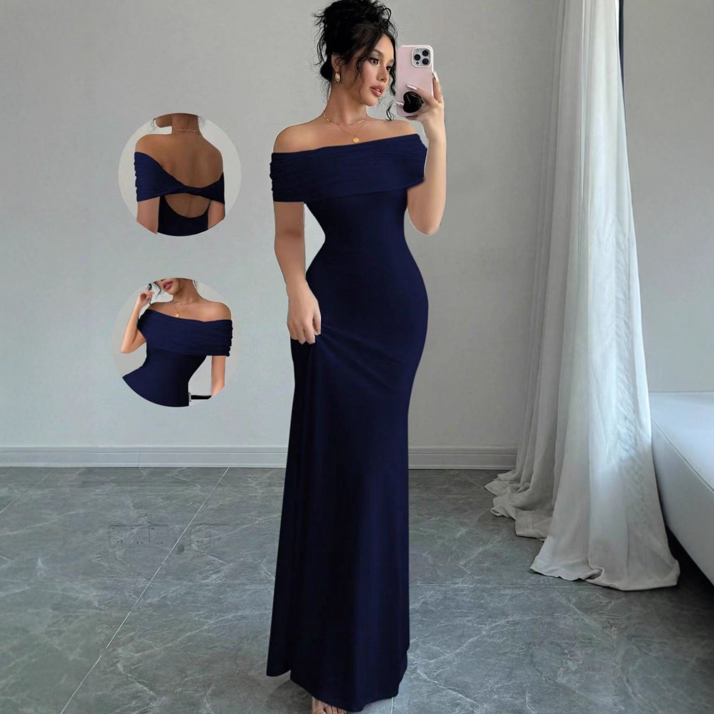 Womens Solid-Colored Sleeveless Off-Shoulder Fashionable Sheath Dress
