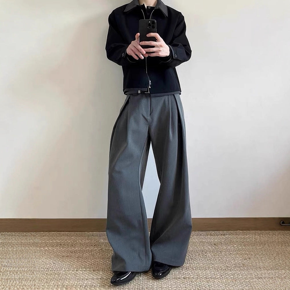 Dark Gray Pleated Dress Trousers For Men