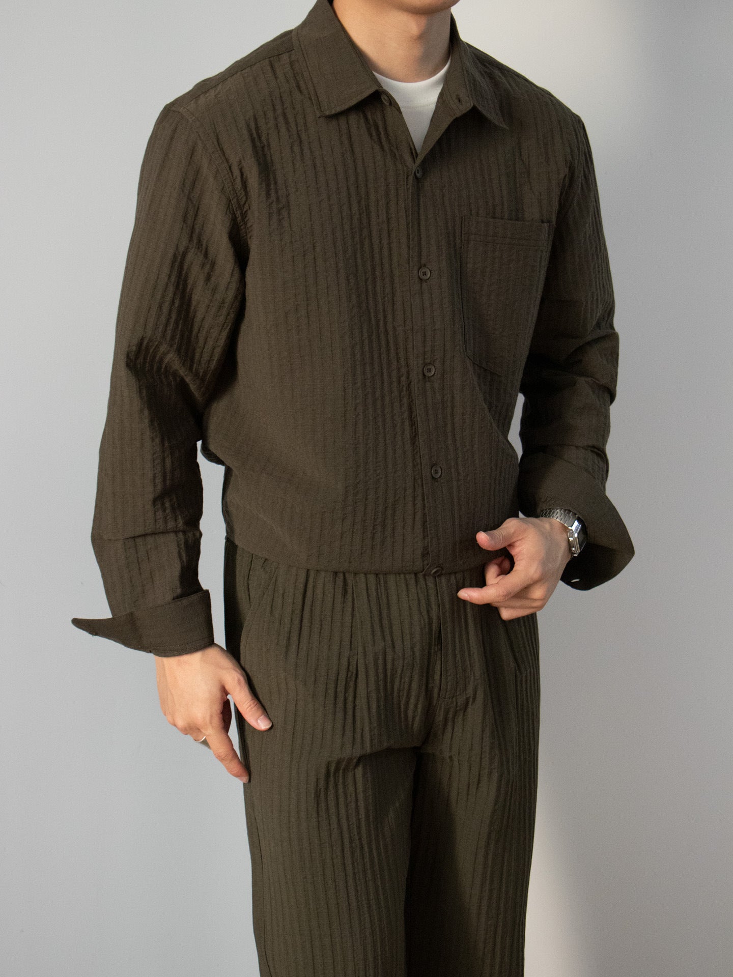 Japanese-style Wood-grain Textured Shirt Set