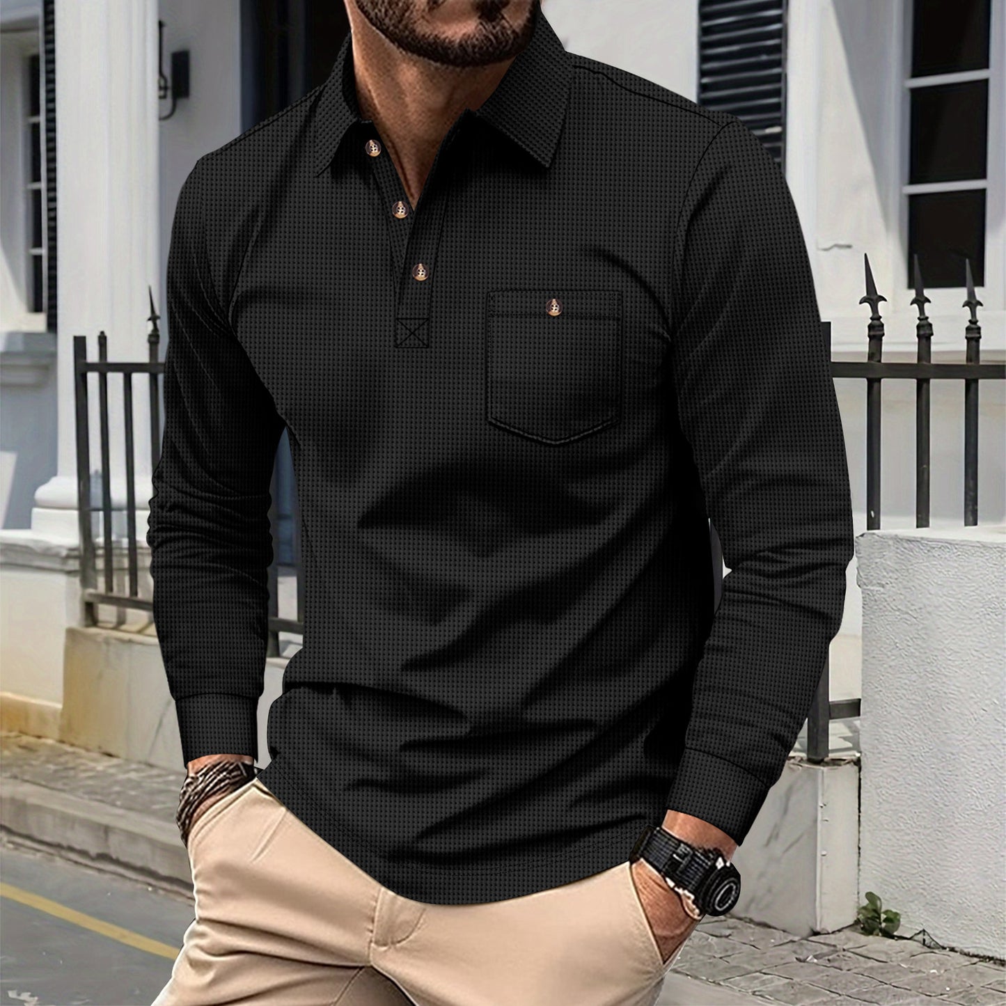 Solid-color Waffle-knit Lapel-pocket Button-down Casual Long-sleeve Shirt