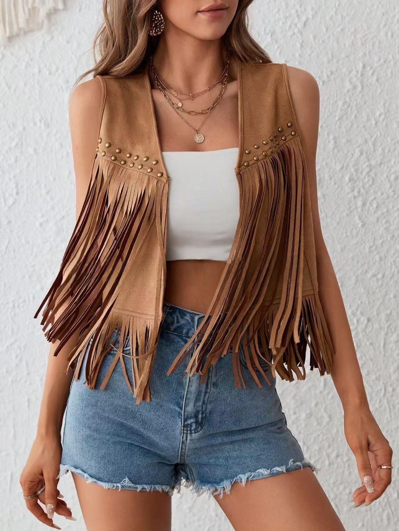 Womens Tassel Sleeveless Vest With Suede Tassels