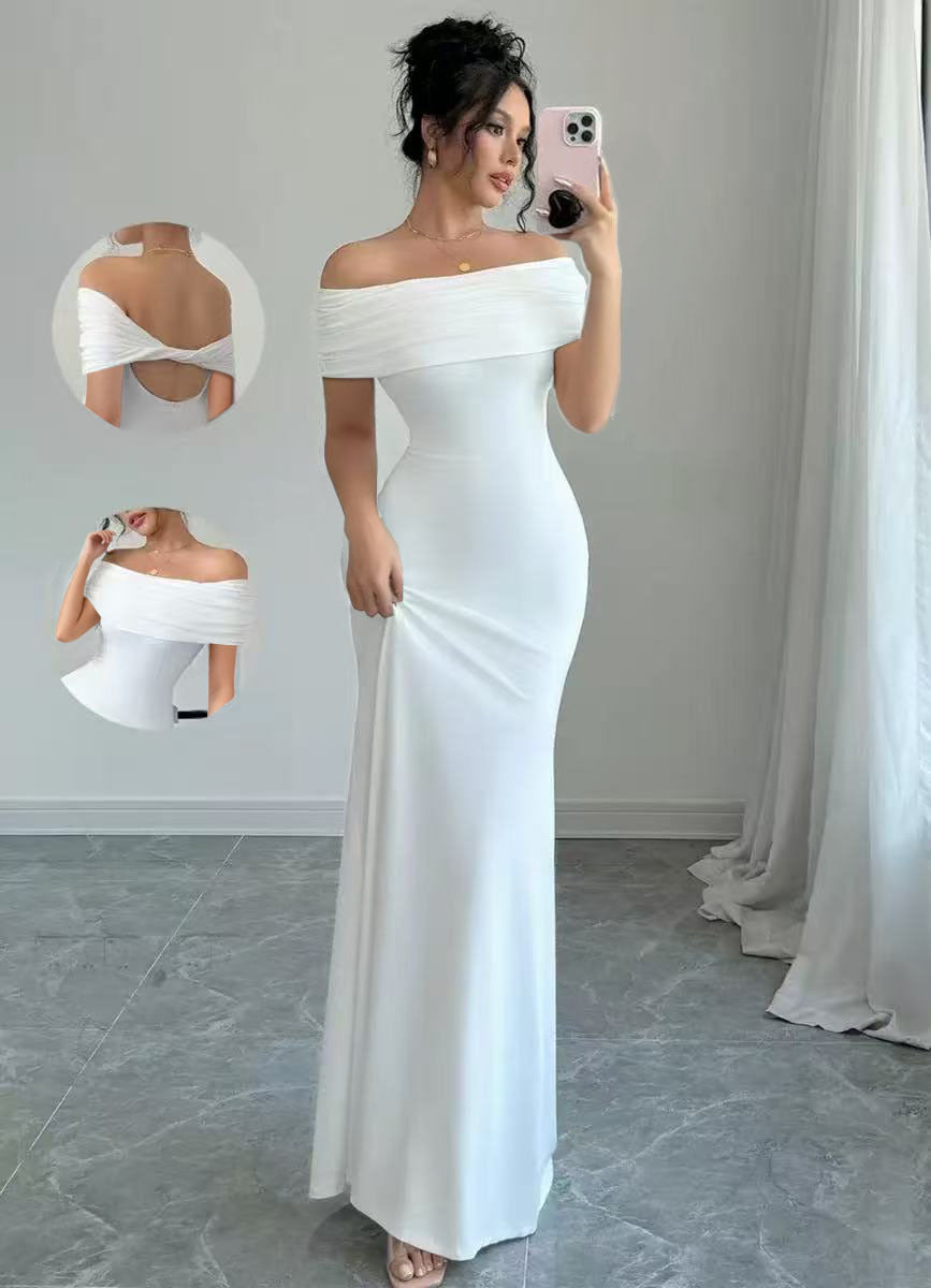 Womens Solid-Colored Sleeveless Off-Shoulder Fashionable Sheath Dress