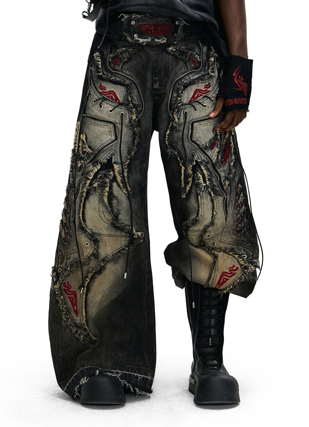 Lucky Pattern Embroidered Patchwork Jeans