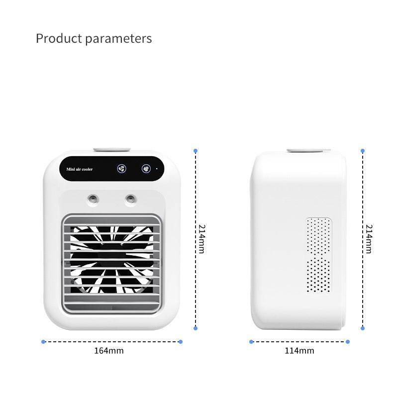 Air Conditioner Air Cooler Fan dimensions and design showing front and side views with product parameters.
