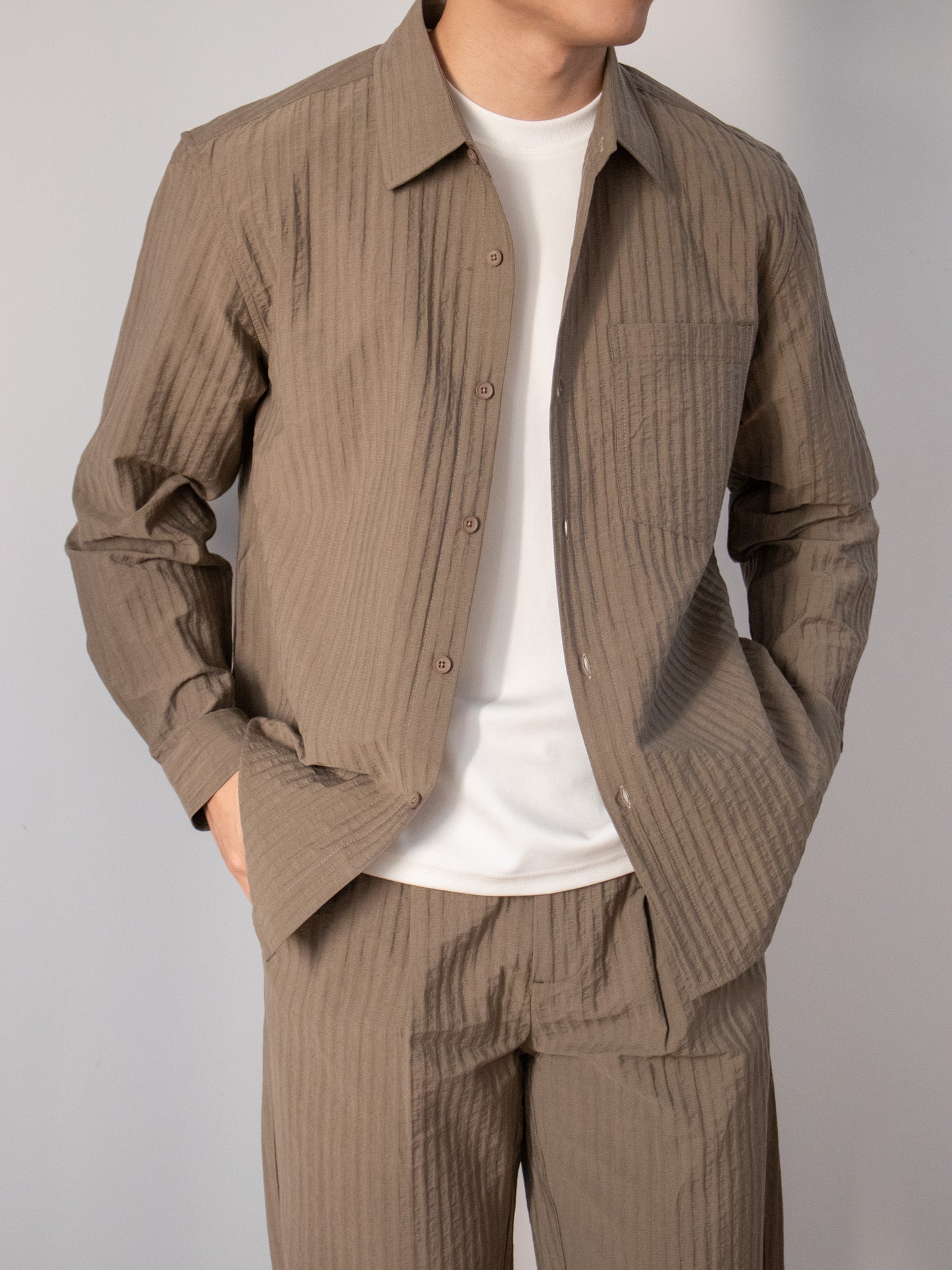 Japanese-style Wood-grain Textured Shirt Set