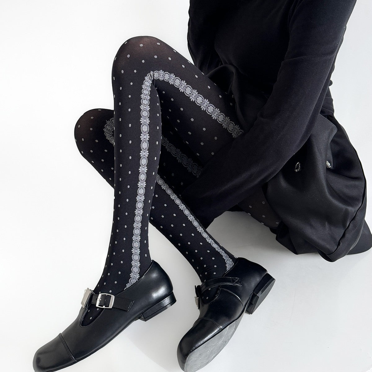 Japanese Side Lace Jacquard Polka Dot Pantyhose Women's Slimming Polka Dot Leggings Retro Style Stockings