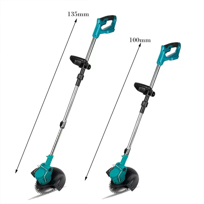 Folding Lithium Mower Electric Lawn Mower showing adjustable sizes 100mm to 135mm for versatile lawn care.