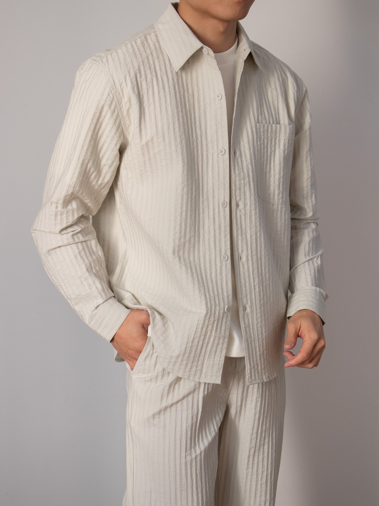 Japanese-style Wood-grain Textured Shirt Set