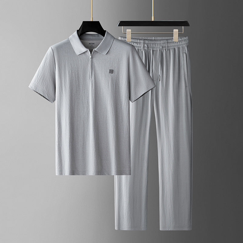 Summer Tencel Linen Polo Shirt Pants Set Loose