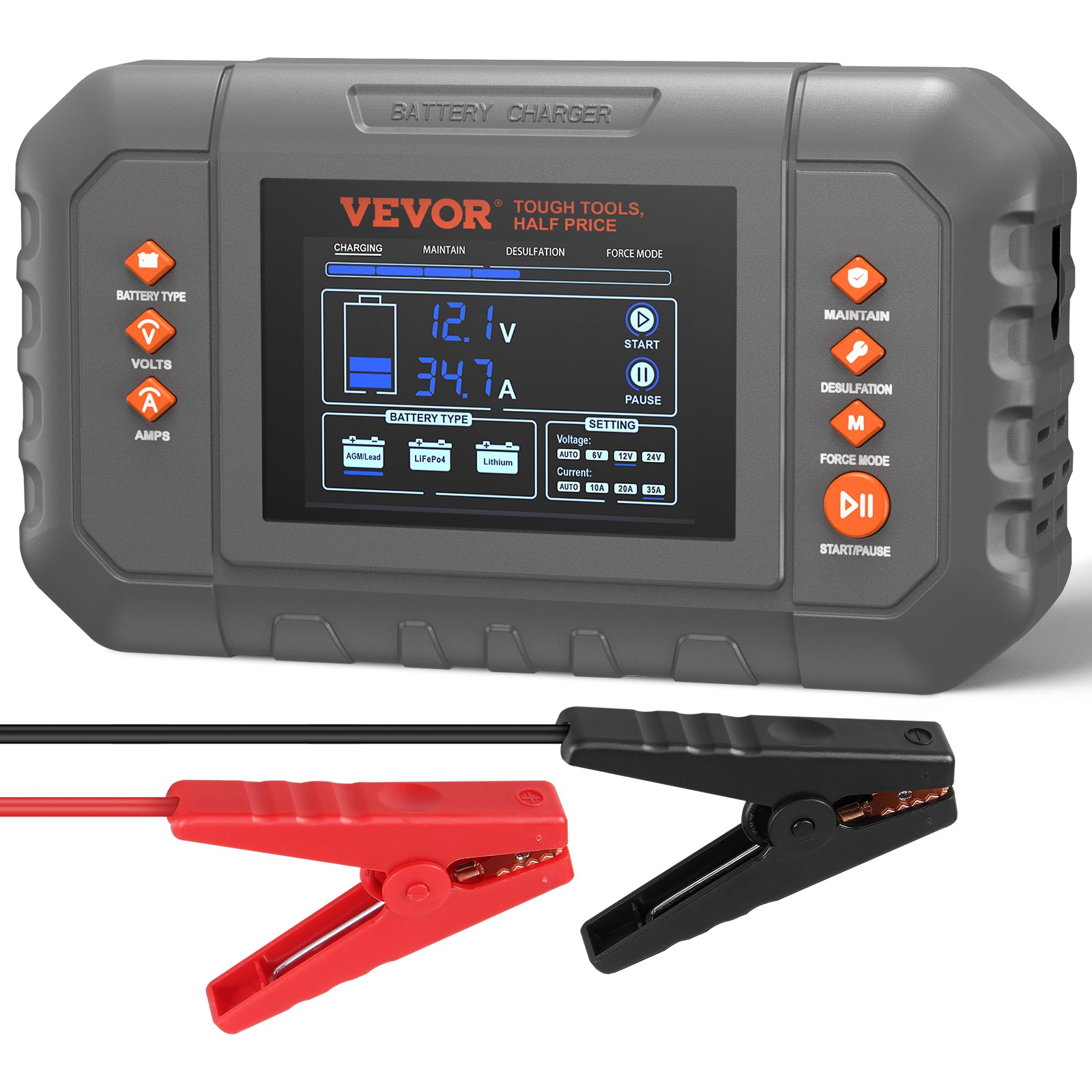 VEVOR Smart Battery Charger with display screen and red and black battery clamps for charging.