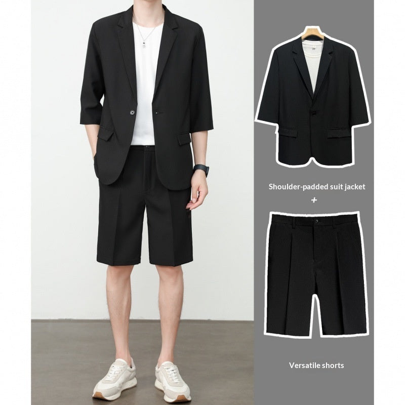 Thin Short-Sleeve Suit Mens Casual Cropped-Sleeve Jacket Half-Sleeve Suit Set