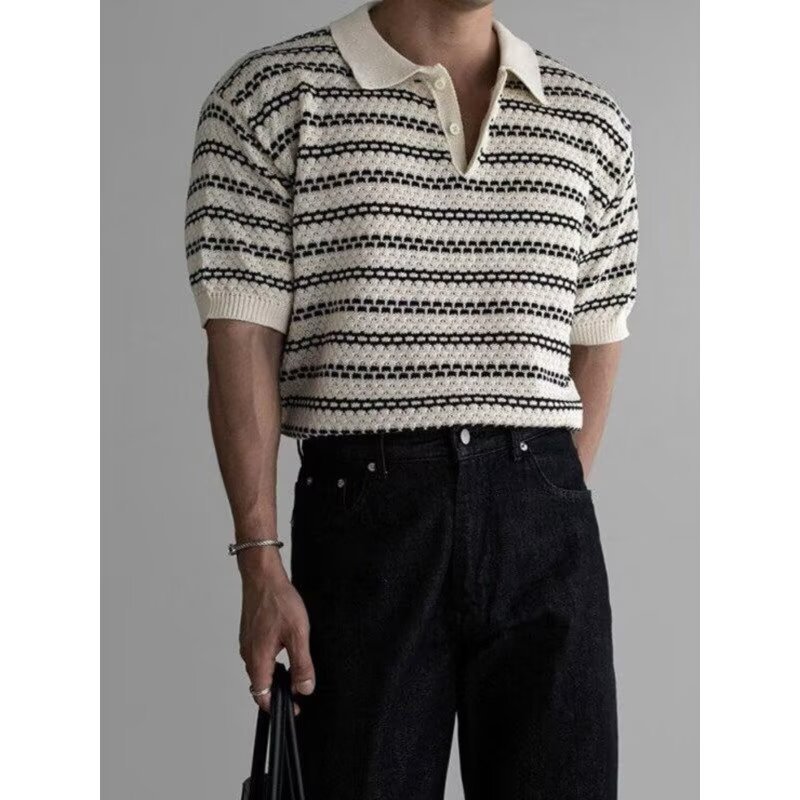 Men's Striped Short-Sleeve Knitted Casual Shirt