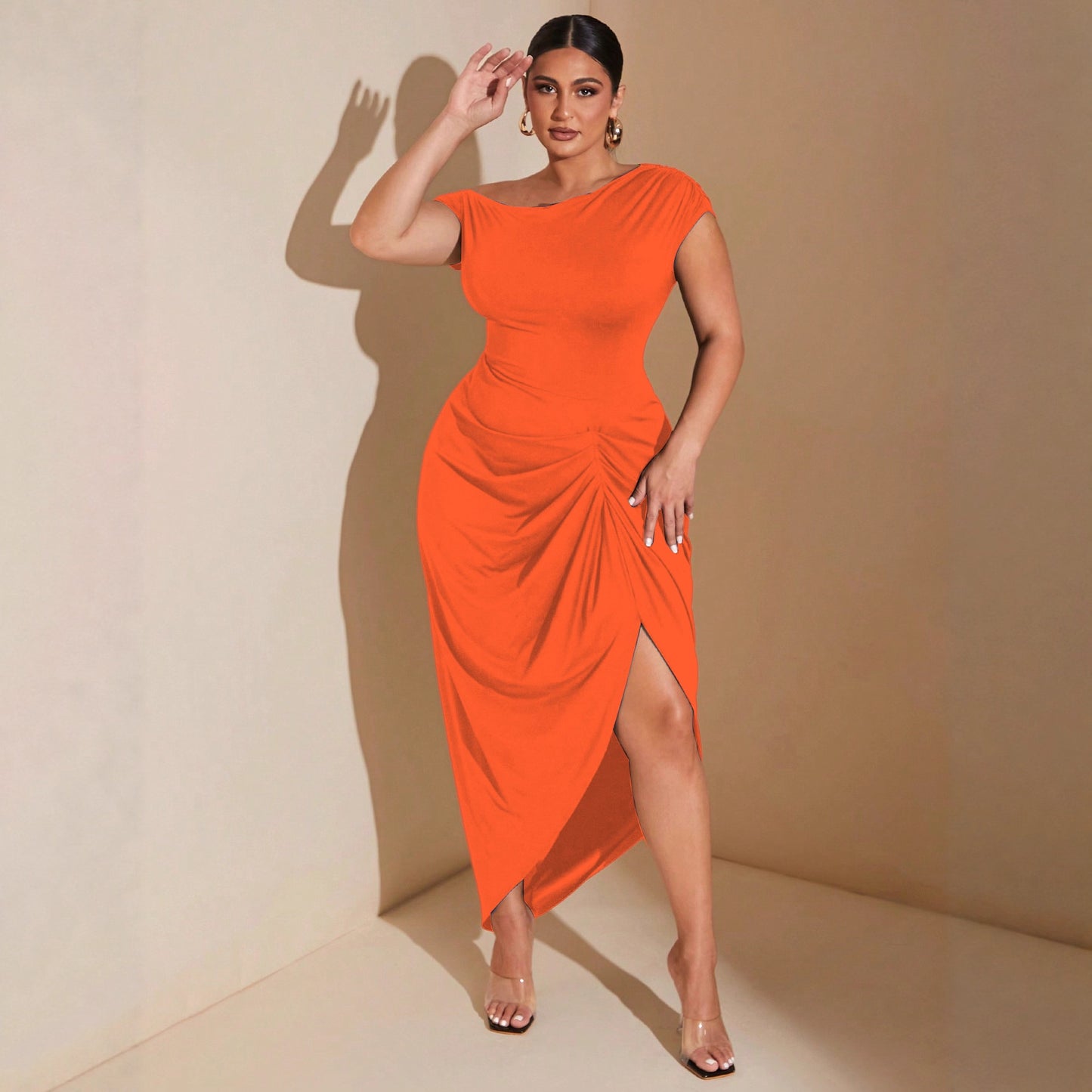 Waist-cinched Knot-front Slit Short-sleeve Dress