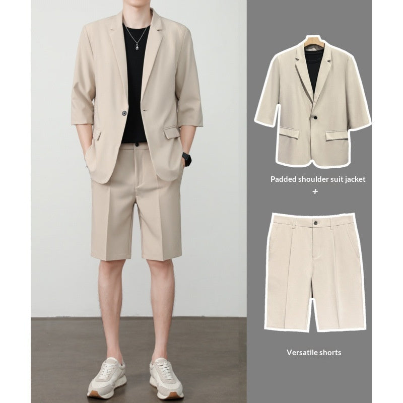 Thin Short-Sleeve Suit Mens Casual Cropped-Sleeve Jacket Half-Sleeve Suit Set