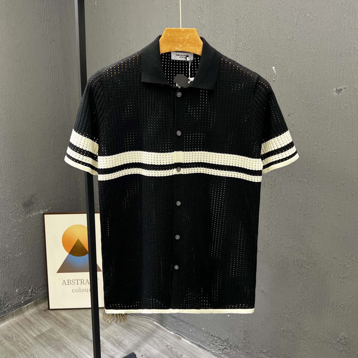 Light-luxury Striped Hollow-out Knit Cardigan With Short Sleeves