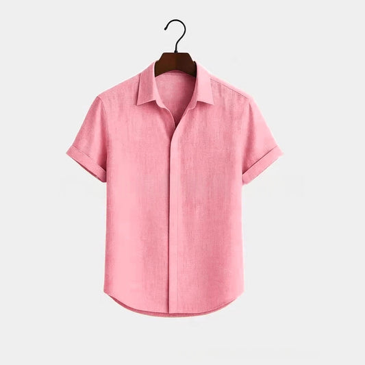 Solid-color Short-sleeve Cotton-linen Shirt For Men