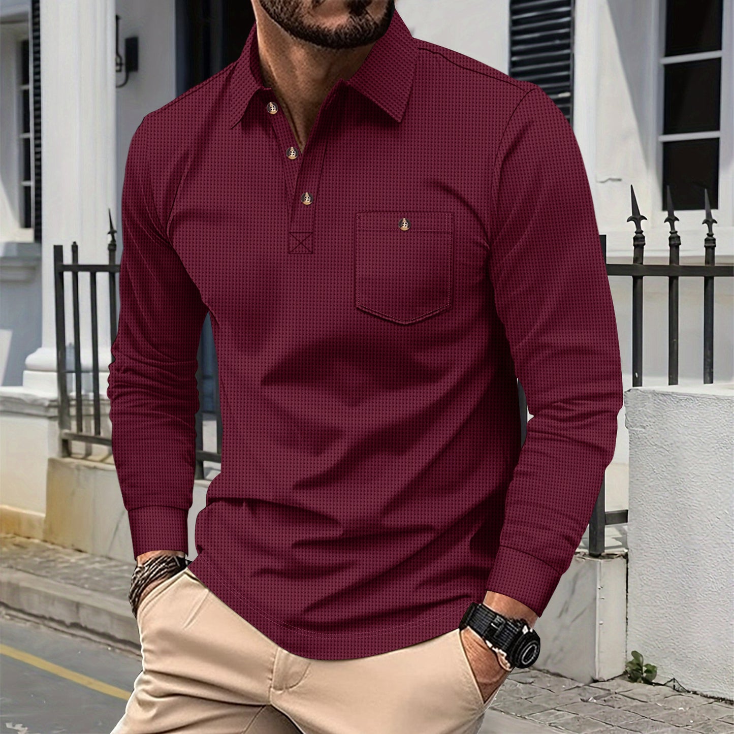 Solid-color Waffle-knit Lapel-pocket Button-down Casual Long-sleeve Shirt