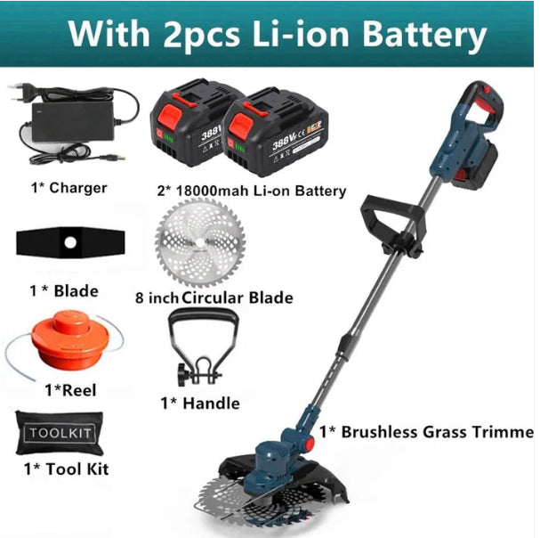 Folding Lithium Mower Electric Lawn Mower including 2 Li-ion batteries and various accessories for efficient lawn maintenance.