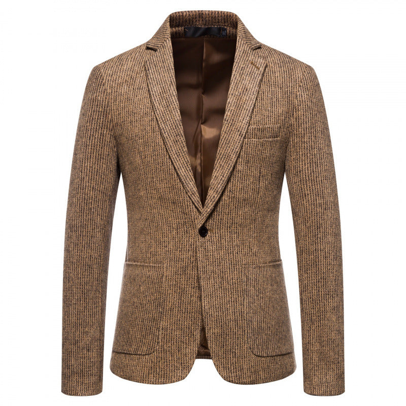Simple Mens Fashionable Business-Casual Korean-Style Striped Wool Blazer