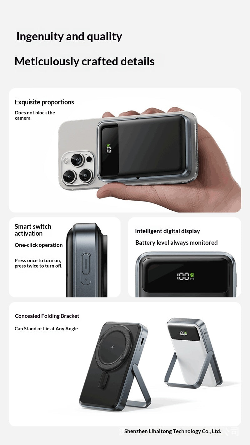 Wireless-charging Power Bank With Built-in Cable And Magnetic Attachment For Phones