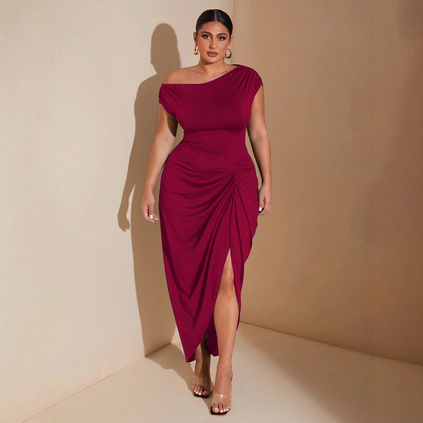 Waist-cinched Knot-front Slit Short-sleeve Dress