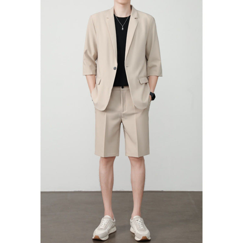 Thin Short-Sleeve Suit Mens Casual Cropped-Sleeve Jacket Half-Sleeve Suit Set