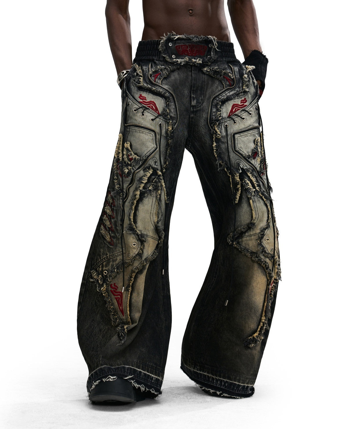 Lucky Pattern Embroidered Patchwork Jeans