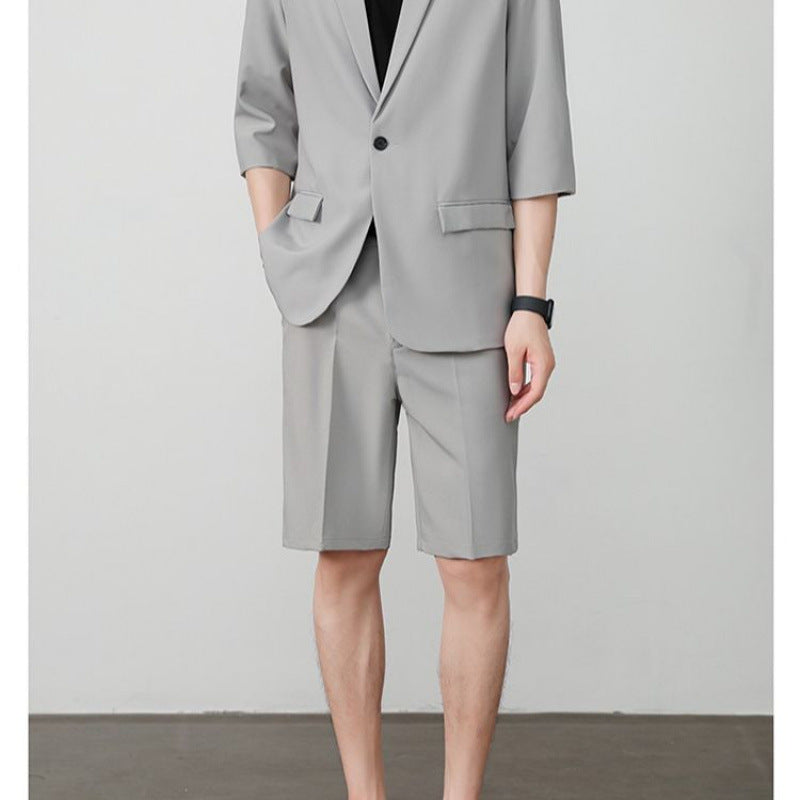 Thin Short-Sleeve Suit Mens Casual Cropped-Sleeve Jacket Half-Sleeve Suit Set