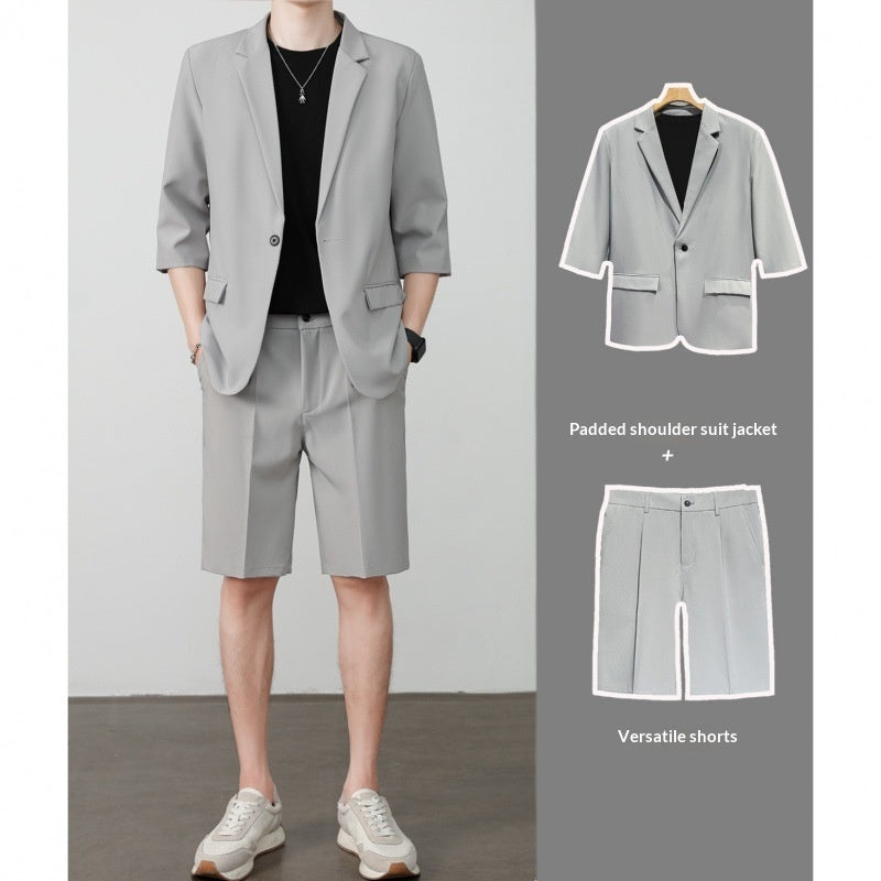 Thin Short-Sleeve Suit Mens Casual Cropped-Sleeve Jacket Half-Sleeve Suit Set