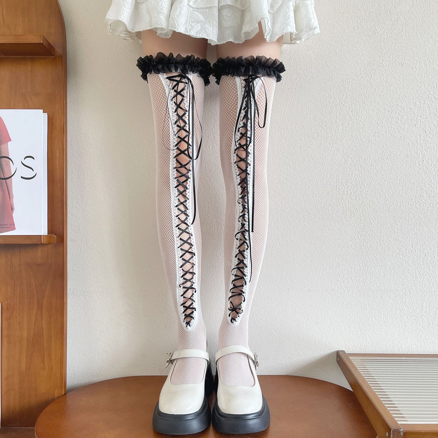 Hollow Lace Strap Ballet Style Fishing Net Lace Sexy Knee High Thigh Socks