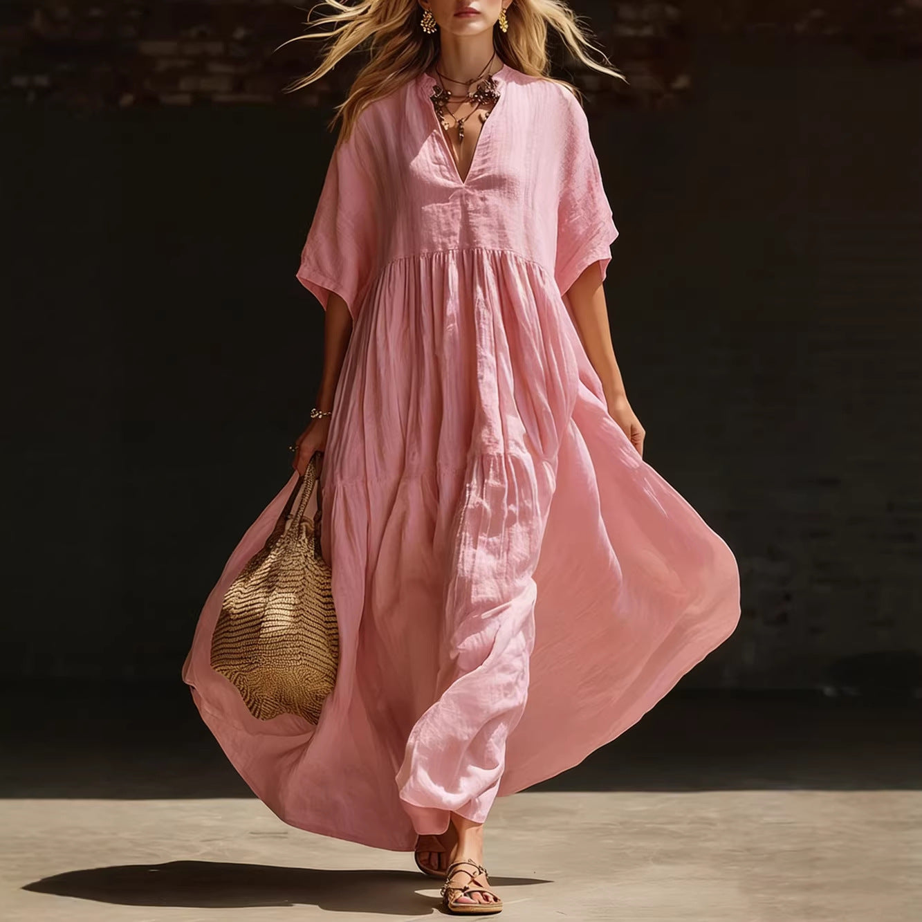 Summer Solid-Color Loose Beach Vacation Long V-Neck Dress