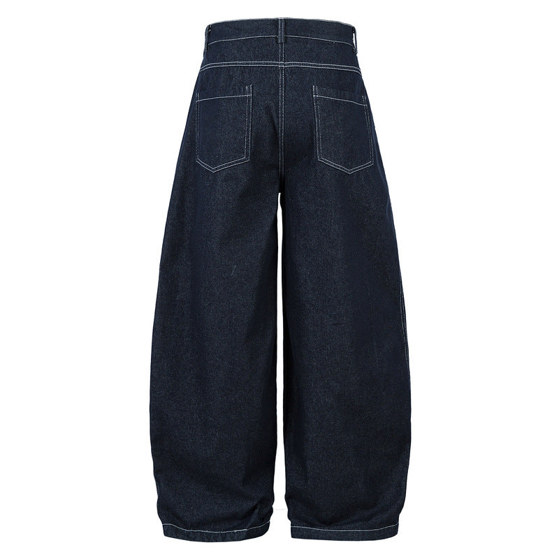 Men's High Waist Wide Leg Cut Off Denim Shorts - Blue Pleated Straight Fit Cotton Blend Jeans for Spring and Autumn