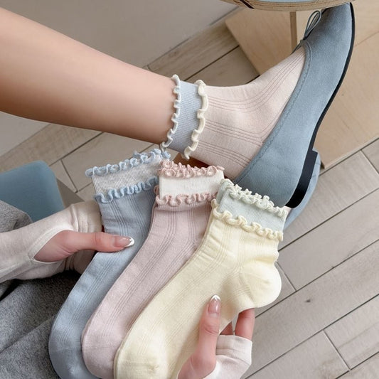 5pairs Women's Spring And Summer Thin Black Fungal Edge Short Tube Socks Wholesale Versatile Lolita Cute Women's Socks