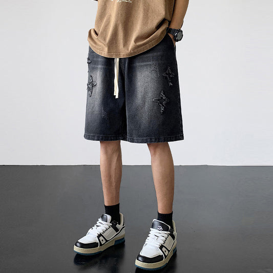 Men's Light-Colored Star-Print Raw-Hem Drawstring Cropped Denim Shorts