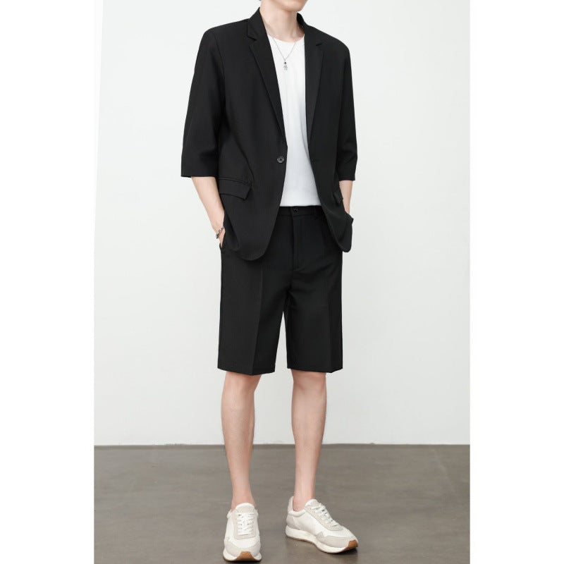 Thin Short-Sleeve Suit Mens Casual Cropped-Sleeve Jacket Half-Sleeve Suit Set