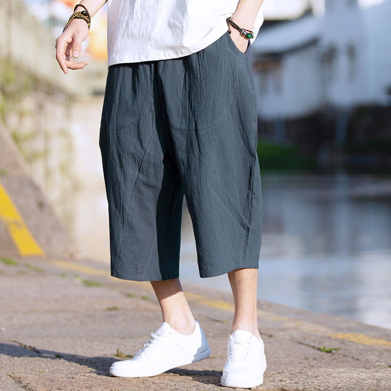 Linen Cropped Pants Mens Summer Thin Loose Plus Size