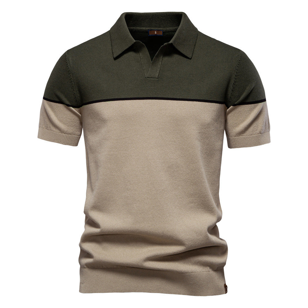 Casual Color-Block Lapel Short-Sleeve Knitted Shirt