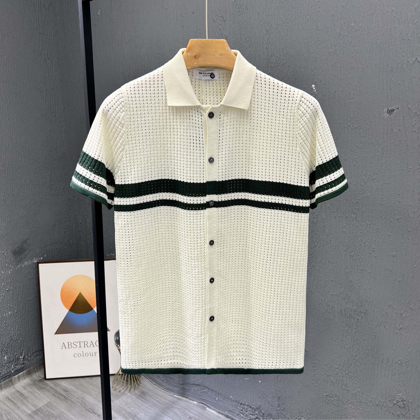 Light-luxury Striped Hollow-out Knit Cardigan With Short Sleeves