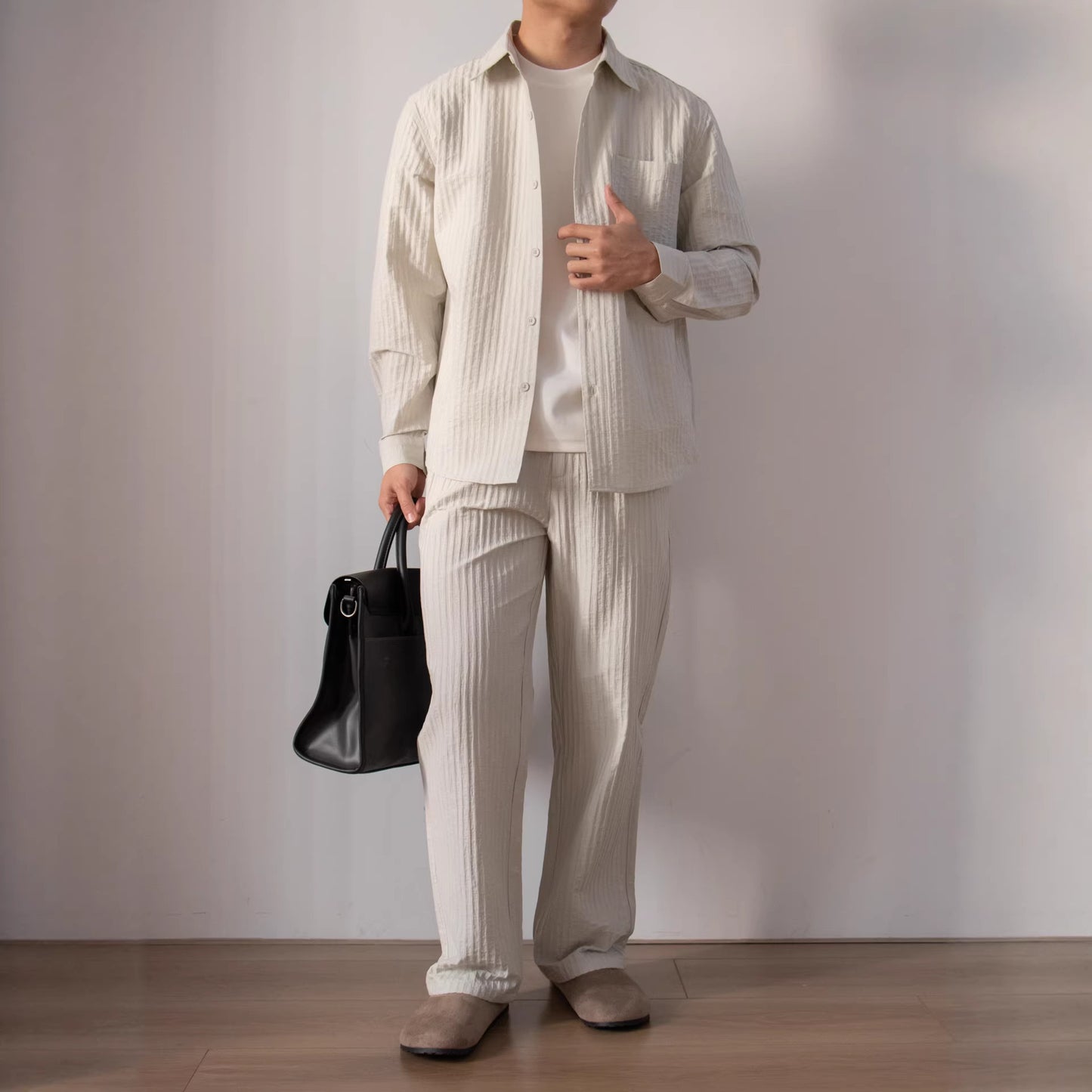 Japanese-style Wood-grain Textured Shirt Set
