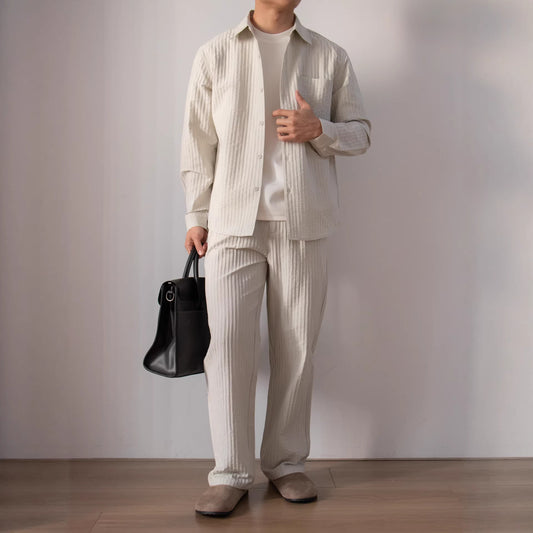 Japanese-style Wood-grain Textured Shirt Set