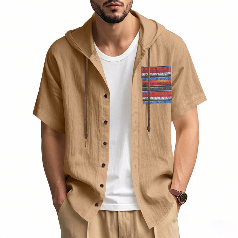 Linen Mens Short-sleeve Lightweight Loose-fitting Hooded T-shirt