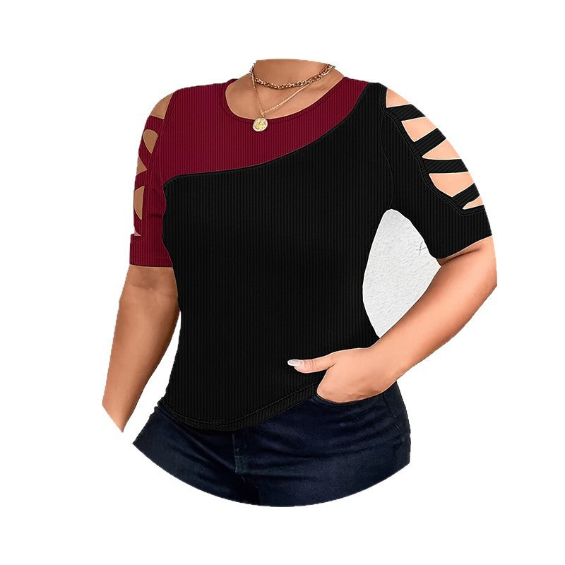 Slim-fit Contrast-color Hollow-out Top Multicolor Fashionable And Versatile