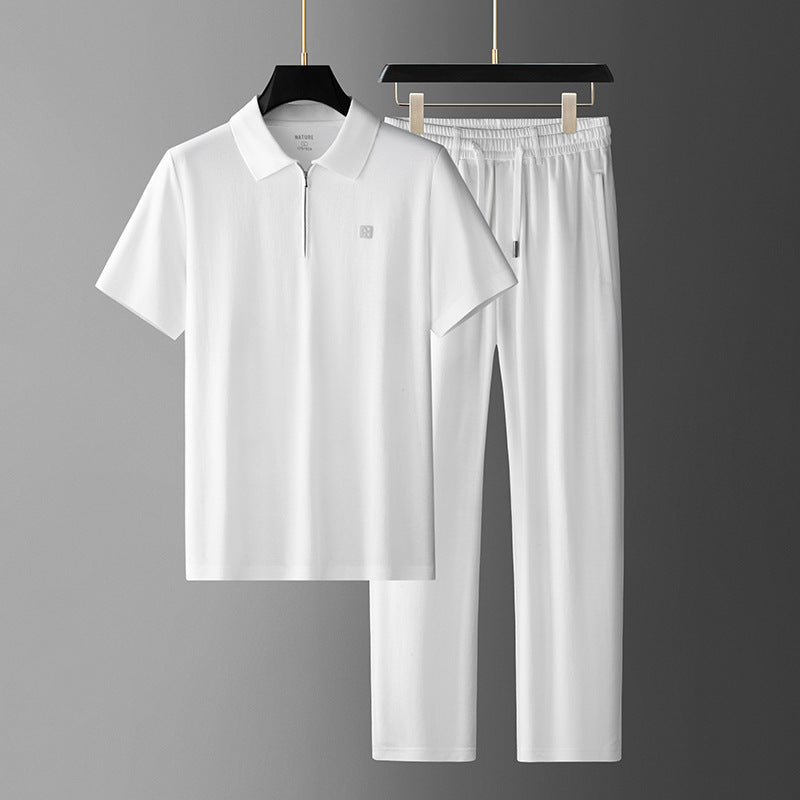 Summer Tencel Linen Polo Shirt Pants Set Loose