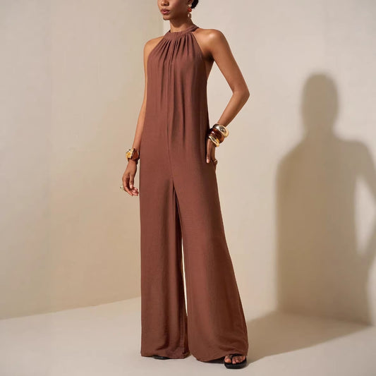 High-neck Halter Solid-color Wide-leg Jumpsuit