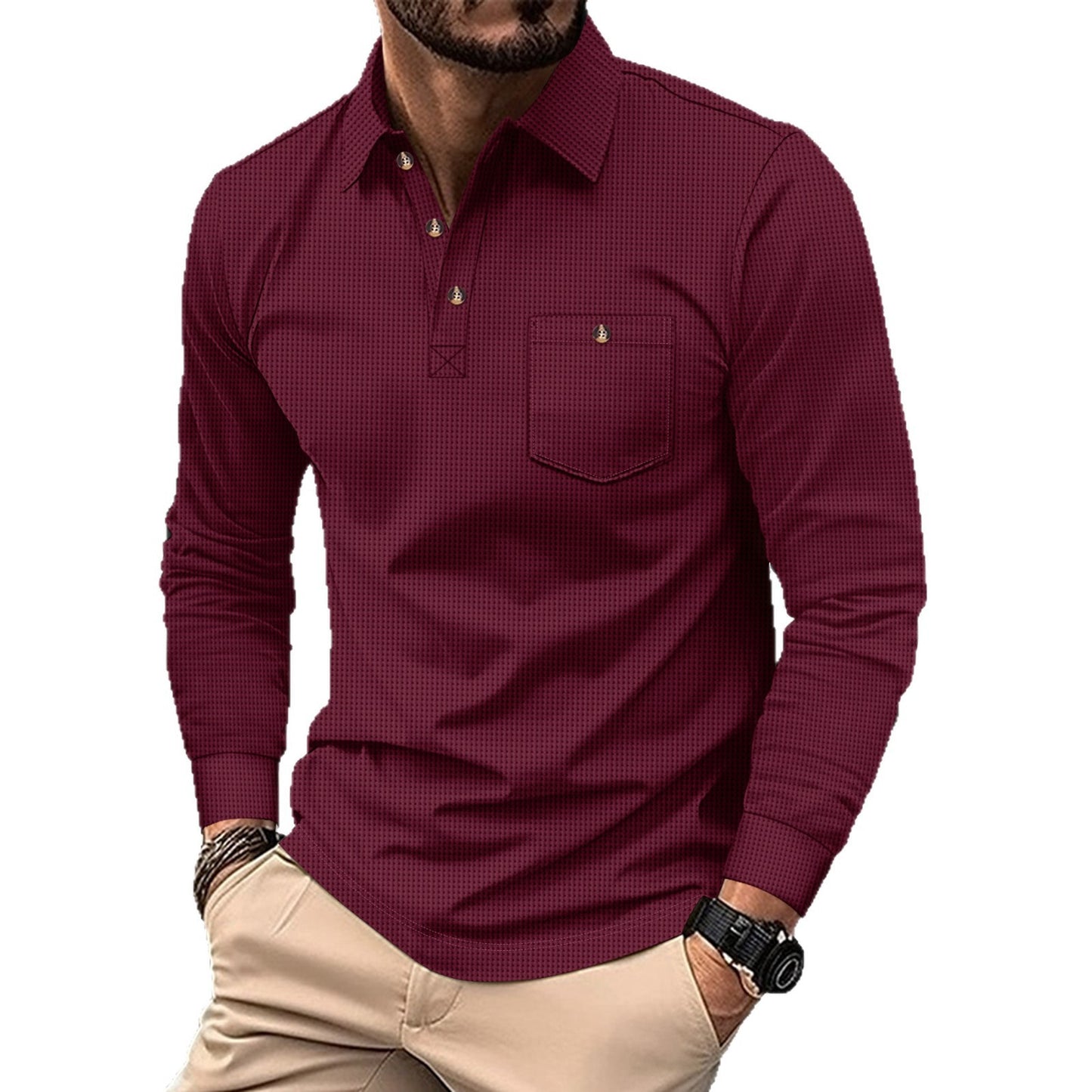 Solid-color Waffle-knit Lapel-pocket Button-down Casual Long-sleeve Shirt